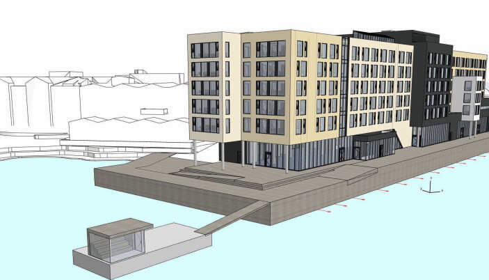 Hotellet får en stor flytebrygge med badstue i vannkanten. Om sommeren blir det også en stor uteservering på kaia. (Foto/Illustrasjon: Thon Hotels) Hotellet får en stor flytebrygge med badstue i vannkanten. Om sommeren blir det også en stor uteservering på kaia. (Foto/Illustrasjon: Thon Hotels)