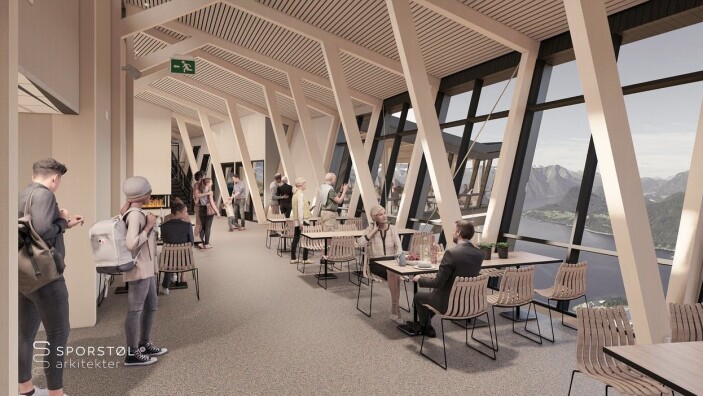 Slik blir restauranten på toppen. (Illustrasjon: Romsdalsgondolen/Sporstøl arkitekter( Slik blir restauranten på toppen. (Illustrasjon: Romsdalsgondolen/Sporstøl arkitekter(