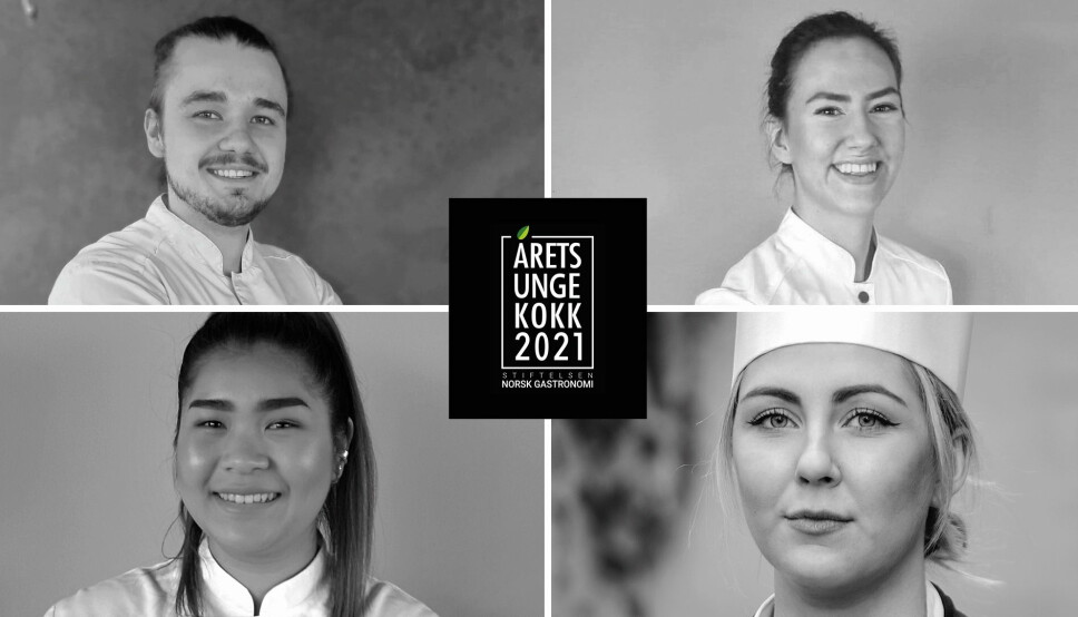 De fire kandidatene som er plukket ut til finalen av Årets unge kokk 2021. (Foto: Eirik Thomsen, Celine Ekholt, K.Andreassen og Geir Mogen)
