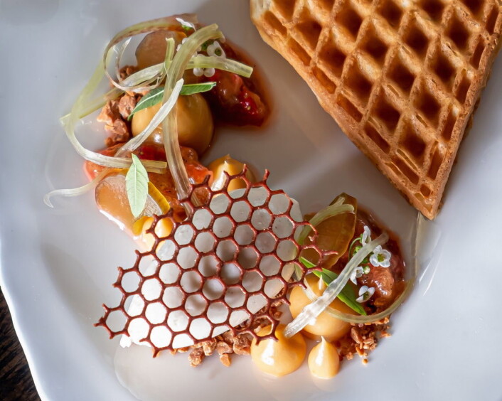 Sprø vaffel, rabarbra fra Ullandhaug, brunost og rømme. (Foto: Henriette Heimdal) Sprø vaffel, rabarbra fra Ullandhaug, brunost og rømme. (Foto: Henriette Heimdal)