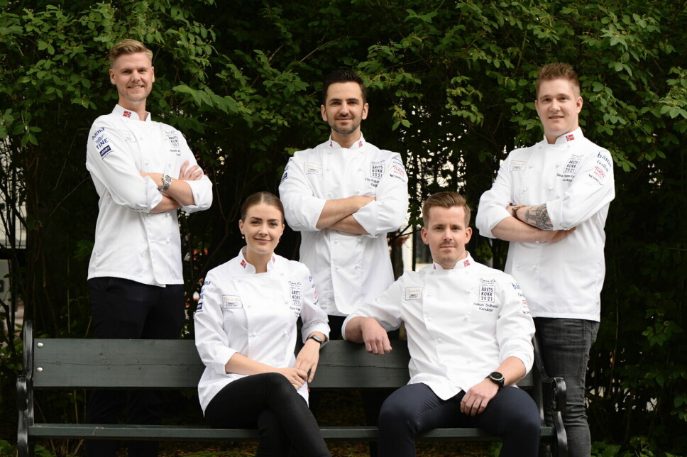 De fem kandidatene i Årets kokk 2021. (Foto: Stiftelsen Norsk Gastronomi)