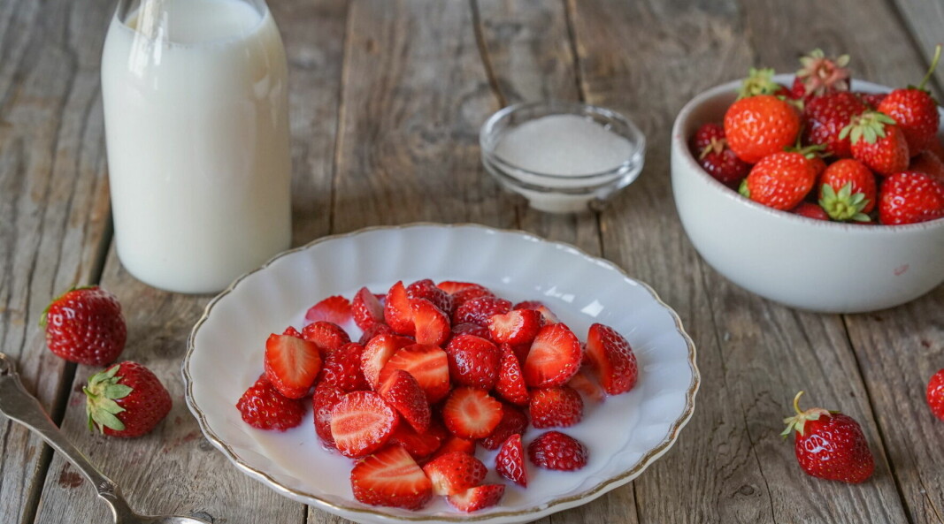 Jordbær og meieriprodukter hører sammen. Nesten 4 av 10 synes jordbær smaker best med fløte, ifølge en ny undersøkelse gjennomført av Norstat for Opplysningskontoret for Meieriprodukter (Melk.no). (Foto: Melk.no)