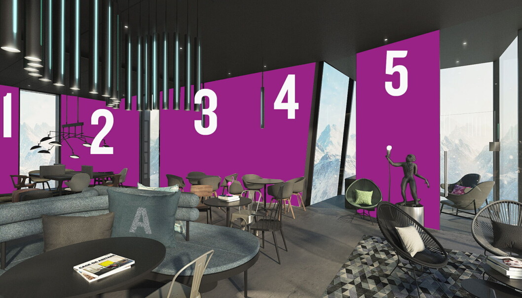 Bildet viser fem av veggene som skal dekoreres av kunstnere. (Illustrasjon: Core Hospitality) Bildet viser fem av veggene som skal dekoreres av kunstnere. (Illustrasjon: Core Hospitality)