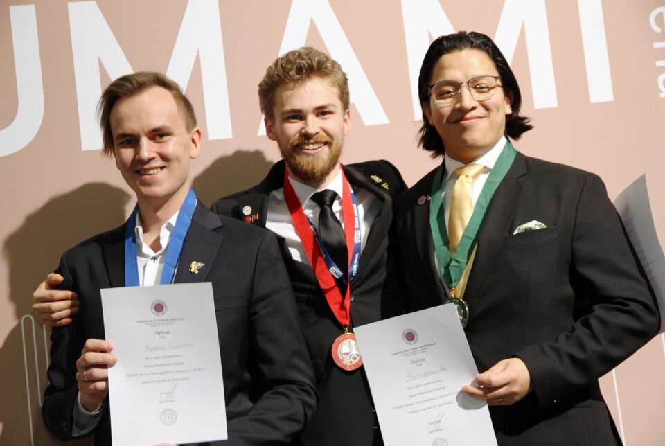 De tre medaljevinnerne i Jeunes Sommeliers. Fra venstre Magnus Thomassen (sølv), Magne Andreas Gaut (gull) og Marco Antonio Bøe (bronse).