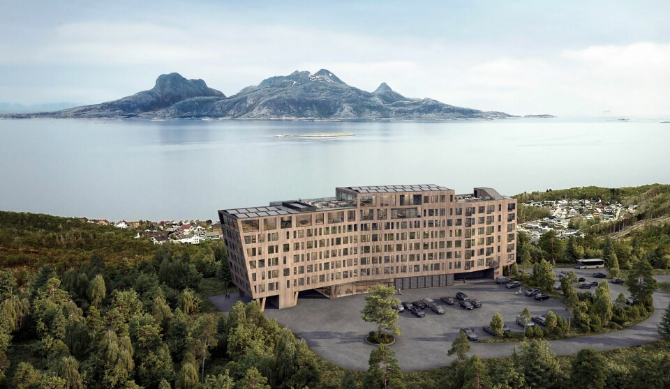 Wood Hotel på Rønvikfjellet utenfor Bodø - med utsikt mot øya Landegode (i bakgrunnen), skal åpnes våren 2024.